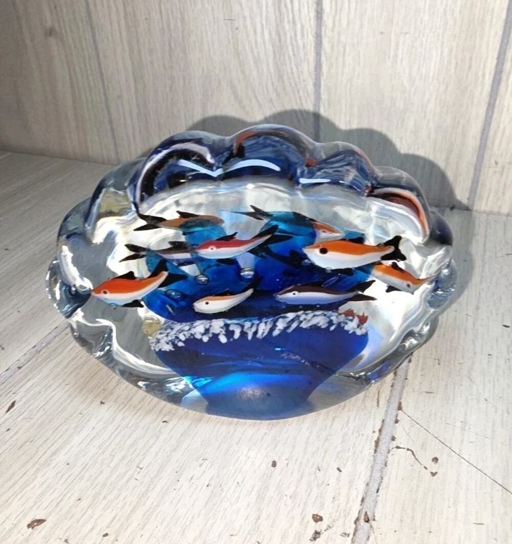 Vtg Murano Style Art Glass Fish Aquarium Cobalt Scallop Shell 4" Paperweight